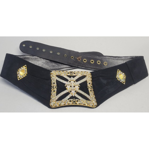Ermine Beverly Hills Black Suede Wide Waist Belt Crystal Pearl Buckle Austria 80